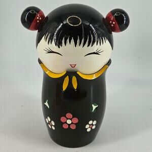 Vintage Kokeshi doll Lacquered Wood Hand Painted Bank 6.25"